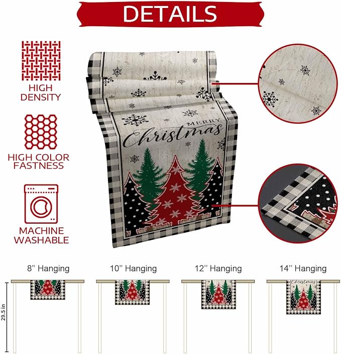 Christmas Trees Table Runner 70 Inches Long, Xmas Snowflake Retro Table Runners - Image 7