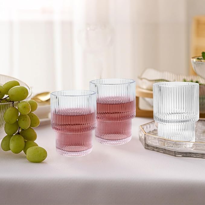 XKXKKE 7 oz Ribbed Drinking Glasses Set of 6, Highball Glasses Ridged Glass - Image 3