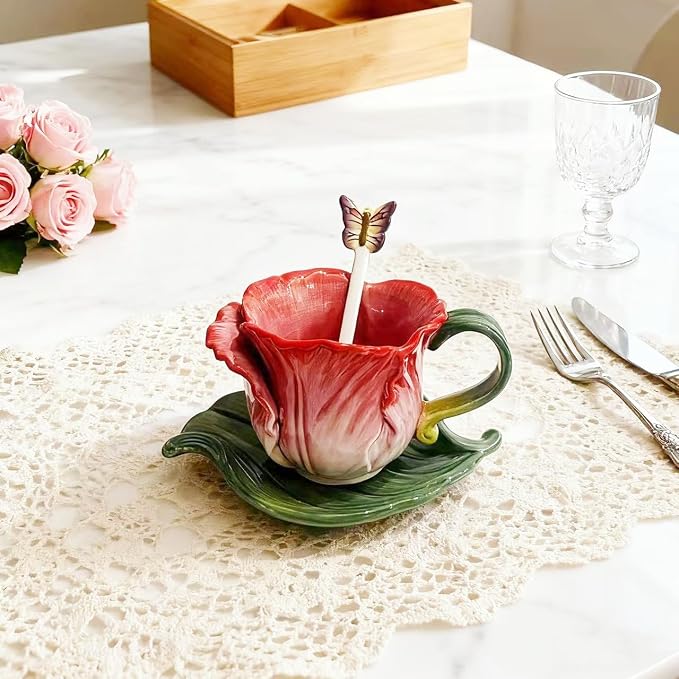 Ceramic Tea Cup and Saucer Set ，8OZ 3D Hand-Painted Flower Coffee Mug，Gift - Image 2