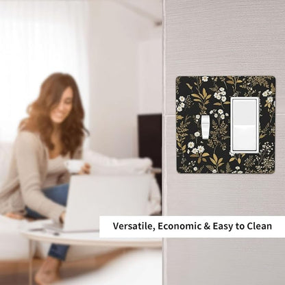 Light Switch Cover Black/Gold Boho Botanical Floral Rustic Flowers 2 Gang Toggle Rocker Combo Socket Cover Wall Plates Decorative Switch Plates and Outlet Covers for Bathroom Kitchen Decor