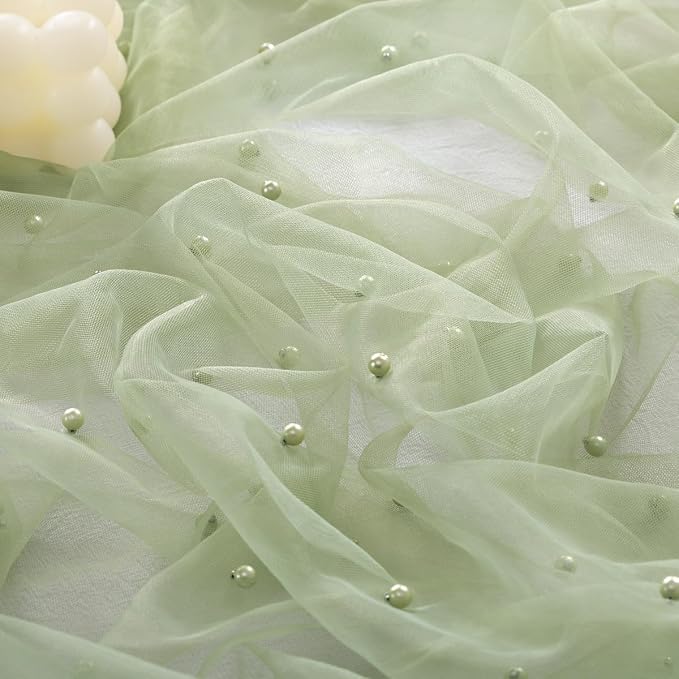 Pearl Table Runner Summer Tulle Gauze Sheer Wedding Party Home Decor | Sage - Image 3