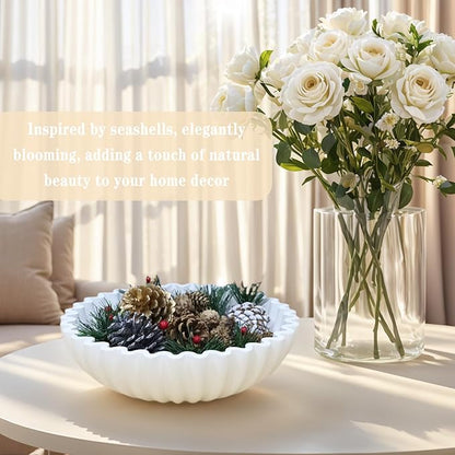Decorative Bowl for Home Decor - White Large Decorative Fruit Bowls for Candy - Scalloped Ruffle Centerpiece key Bowl - Morden Round 10" Aesthetic Coffee Entry Table Decor With Wood Beads