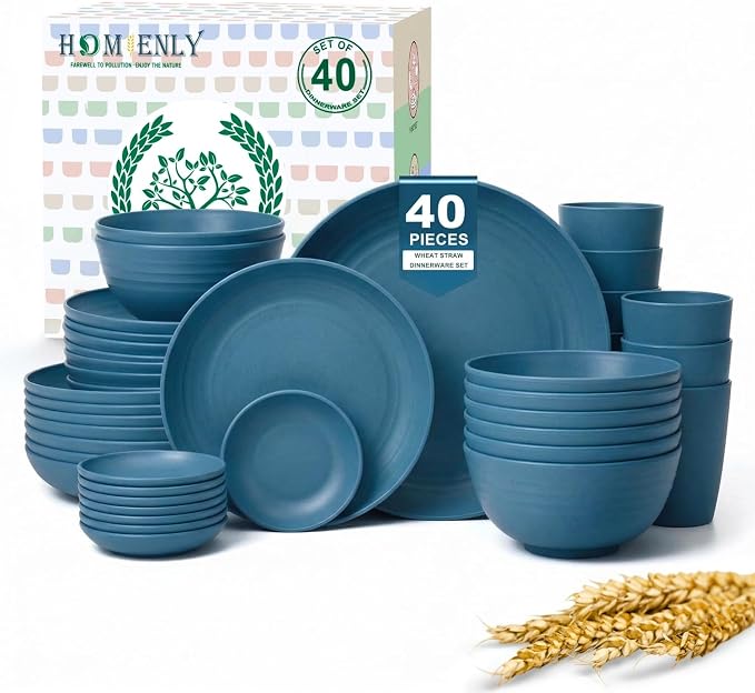 Wheat Straw Dinnerware Sets for 8, Microwave Dishwasher Safe Dish Set, Reusable by HOMIENLY