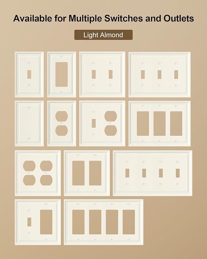 2-Pack Double Toggle Light Switch Cover Plate, Durable Natural Bamboo Fiber Decorative Switch Plate Covers, Light Almond 2 Gang Wall Plate, Corrosion Resistant