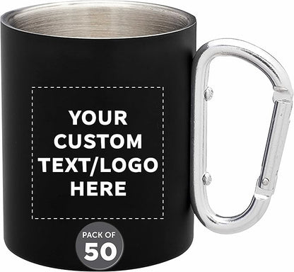 Custom Stainless Steel Mugs with Carabiner Handle 10 oz. Set of 50, Personalized Bulk Pack - Perfect for Coffee, Soda, Other Hot & Cold Beverages - Black