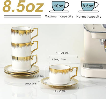 LETAOTAO Cappuccino Cups with Saucers, 8.5 oz Stackable Ceramic Coffee Cup and - Image 2