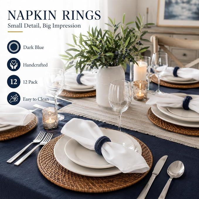 Blue Napkin Rings Set of 12, Rustic Boho Rayon | Rayon over plastic core - Image 2