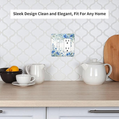 Light Switch Cover Blue Watercolor Flowers Retro Floral Leaves 2 Gang Toggle Rocker Combo Socket Cover Wall Plates Decorative Switch Plates and Outlet Covers for Bathroom Bedroom Decor