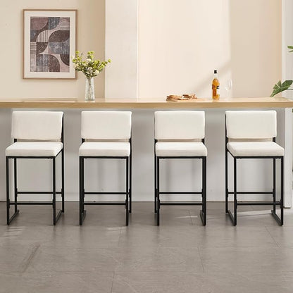 Modern Barstools Set of 4, 26” Upholstered Counter Height Bar Stools Linen Fabric Counter Stools with Padded Back Metal Frame for Kitchen Island Dining Room, Beige