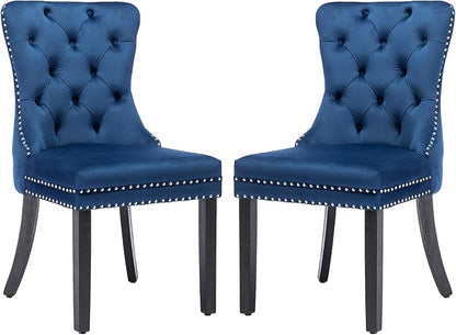 KCC Velvet Dining Chairs Set of 2, Upholstered High-end Tufted Dining Room Chair with Nailhead Back Ring Pull Trim Solid Wood Legs, Nikki Collection Modern Style for Kitchen, Blue