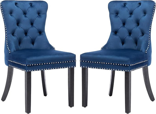 KCC Velvet Dining Chairs Set of 2, Upholstered High-end Tufted Dining Room Chair with Nailhead Back Ring Pull Trim Solid Wood Legs, Nikki Collection Modern Style for Kitchen, Blue