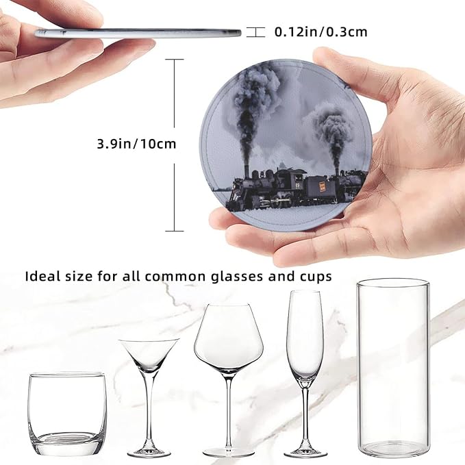 6 Pcs Winter Train Braving Smoke On Black Railroad Tracks Leather Coasters - Image 8