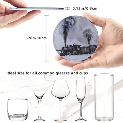 6 Pcs Winter Train Braving Smoke On Black Railroad Tracks Leather Coasters - Image 8