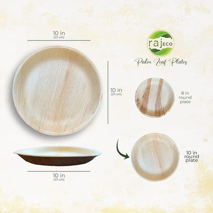 Raj Palm Leaf Plates [50-Pack] 10" Round Plates (2 CASES - 100 PACK) like Bamboo plates Disposable, Strong, Decorative Compostable Tableware for weddings, Lunch, Birthday, Camping, Outdoor