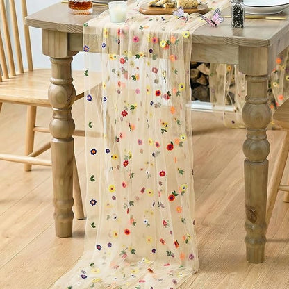 Artoid Mode 6PCS Champagne Embroidery Daisy Gauze Table Runner 120Inch 10FT | - Image 4