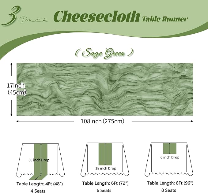 3 Pack Sage Green Cheesecloth Table Runner, 17 x 108 inch, Semi Sheer Boho - Image 3