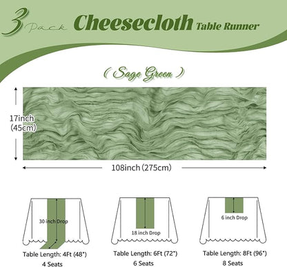3 Pack Sage Green Cheesecloth Table Runner, 17 x 108 inch, Semi Sheer Boho - Image 3