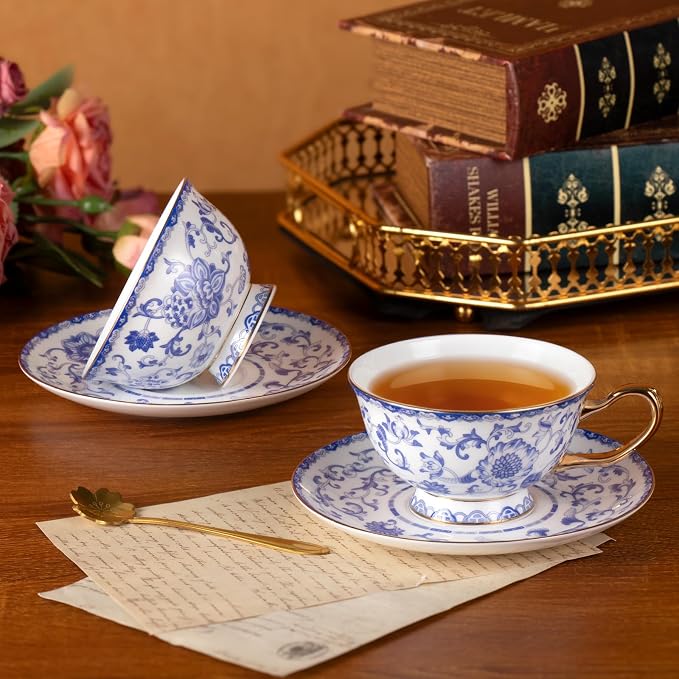 KAMMAK Tea Cups and Saucers Set of 2, Porcelain Coffee Cups, JBE023 | Stackable - Image 7