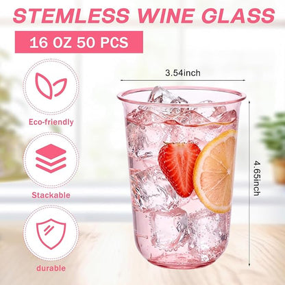 Ziliny 50 Pcs Disposable Stemless Glasses 16oz Crystal Plastic Wine Glasses - Image 3