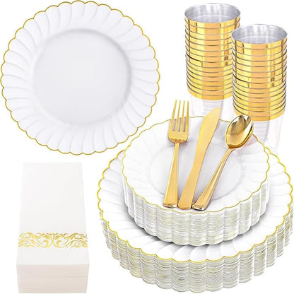 YOUBET 175PCS Gold Scalloped Plastic Plates - White and Gold Disposable Dinnerware Set Include 50 Plates, 75 Gold Silverware, 25 Cups, 25 Napkins for Party & Wedding