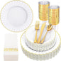 YOUBET 175PCS Gold Scalloped Plastic Plates - White and Gold Disposable Dinnerware Set Include 50 Plates, 75 Gold Silverware, 25 Cups, 25 Napkins for Party & Wedding