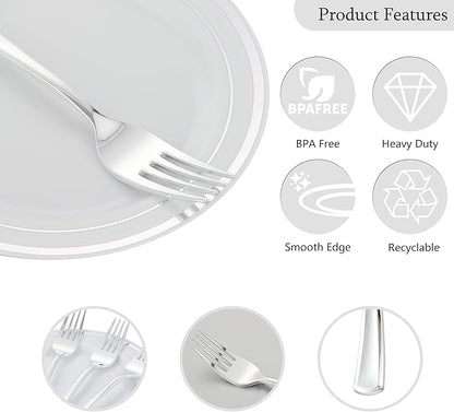 120pcs Silver Dessert Plates with Forks for 60 Guests-60pcs 7.5" Disposable Silver and White Small Plates with 60pcs 7.4" Forks-Cake/Appetizer/Salad Plate for Wedding,Birthday,Party