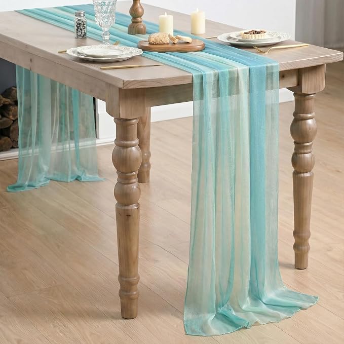 Artoid Mode Boho Blue Stripes Spring Chiffon Table Runner 120 Inches 10FT - Image 4