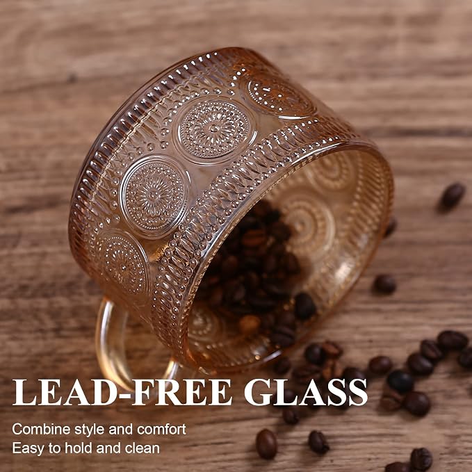 Vintage Glass Coffee Mugs Set of 2 Amber, Embossed Tea Cups - Image 5