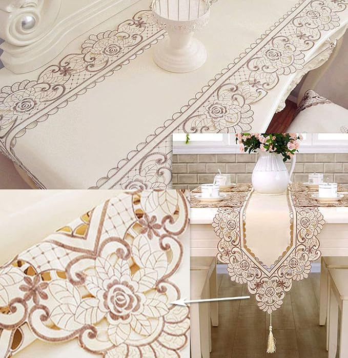 LeLehome 15 Inch X 58 Inch Classic Table Runner, Flowers Embroidery Satin - Image 3
