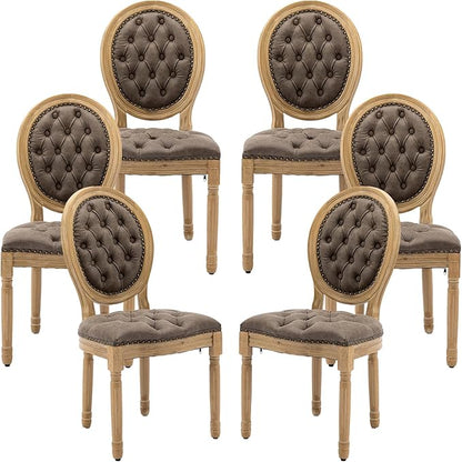 Vintage French Dining Chairs Set of 6, Round Back PU Leather Upholstered Accent Chairs with Nailhead Trim and Solid Wood Frame, Farmhouse Sillas de Comedor for Dining Room & Kitchen, Distressed Brown