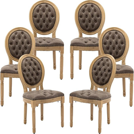 Vintage French Dining Chairs Set of 6, Round Back PU Leather Upholstered Accent Chairs with Nailhead Trim and Solid Wood Frame, Farmhouse Sillas de Comedor for Dining Room & Kitchen, Distressed Brown
