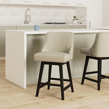 CHITA Counter Height Swivel Bar Stools, FSC Certified Upholstered Counter Stools, Modern Swivel Barstools with Wood Legs for Kitchen Island, 26" Seat Height, Fabric in Linen
