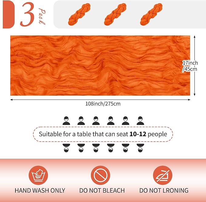 3 Pack Orange Cheesecloth Table Runner 17x108 Inch Semi Sheer Boho Gauze Cheese - Image 2