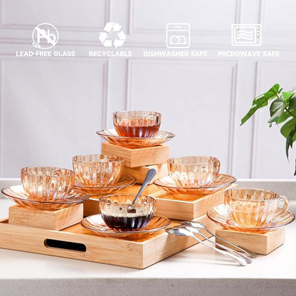 Glass Tea Cups and Saucers Set of 6, Glass Coffee Mugs - Image 7
