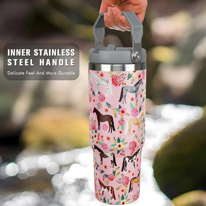 30 oz Pink Tumbler with Handle and Flip Straw, Vacuum Insulated Water Bottle - Image 3