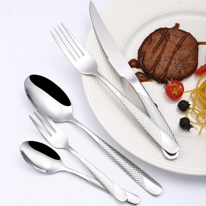Modern Silverware Hammered 20 Piece Stainless Steel Flatware Set - Image 7