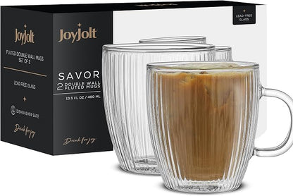 JoyJolt Fluted Glass Coffee Mugs, Double Wall 13.5oz Clear Glass Coffee Mug Set - Image 9