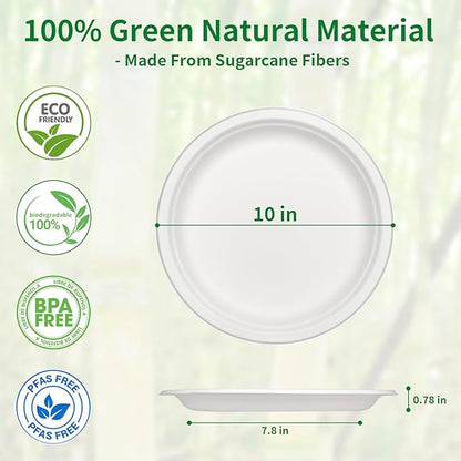 Aricsen 50 Pack 10 Inch Compostable Disposable Round Paper Plates, Natural White Biodegradable Sugarcane Bagasse PFAS-Free Eco-Friendly Dinner Plates for Party Wedding Picnic BBQ (50, 10 INCH)