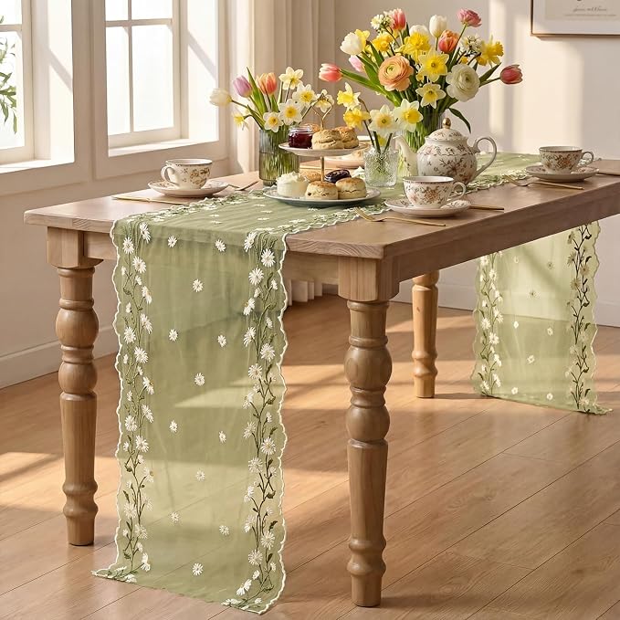 Artoid Mode Daisy Floral Fern Green Shaped Gauze Embroidery Table Runner 120 - Image 4