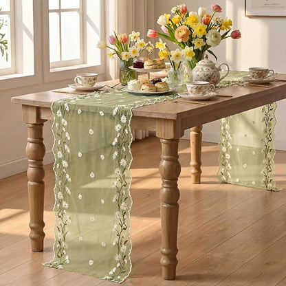 Artoid Mode Daisy Floral Fern Green Shaped Gauze Embroidery Table Runner 120 - Image 4