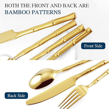 Gold Silverware Set 45-Piece Bamboo Pattern Service - Image 4