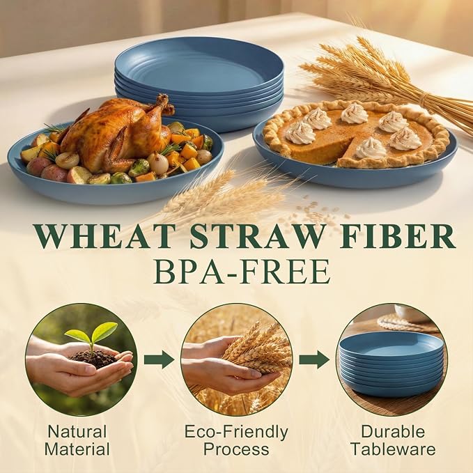 Deep Dinner Plates 11 Inch, Plastic Plates Reusable, Unbreakable Wheat Straw - Image 3