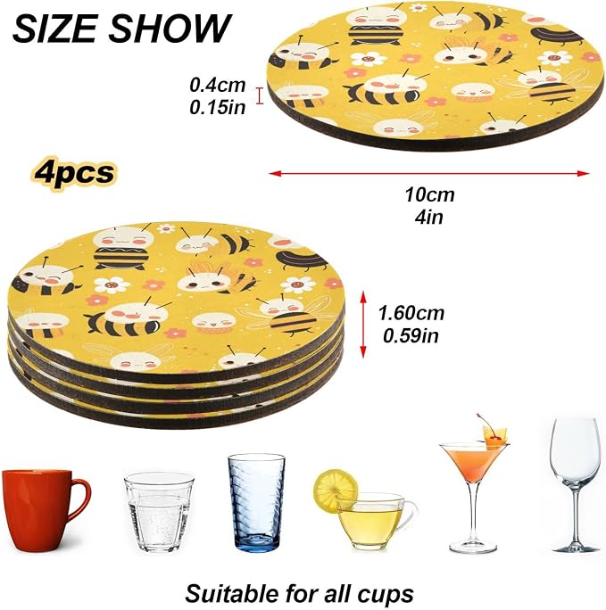 Bees on Yellow 4 Pcs Aesthetic Coasters Cork Tripod, Thermal Pad - Image 4