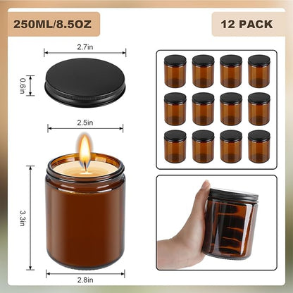 Goiio 6 Pack Amber Glass Jars, 8 Oz Thick Amber Round Glass Jars, with Black Metal Lids, for Spice, Liquid, Sample, Leakproof and Dishwasher Safe