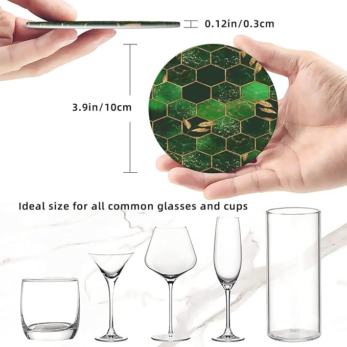6 Pcs Leaves Marble Honeycomb Plaid Geometric Abstract Green Leather Coasters - Image 8