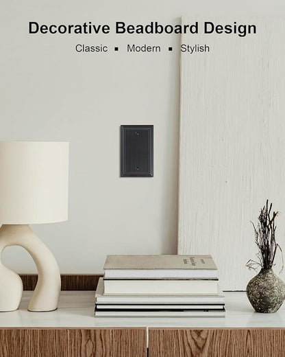 2-Pack Classic Beadboard Single Blank Wall Plate, Durable Natural Bamboo Fiber Wall Plate Cover,Matte Black 1 Gang Wall Plate for Unused Outlets/Switches