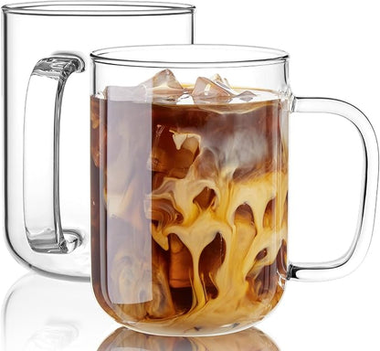 Glass Coffee Mugs, 24 oz Ice coffee cups, Large Clear Tea Cups Set of 2 by BWODYAY