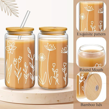 Mumufy 2 Pack Glass Cups Gift Aesthetic Cute Glass Cup Tumbler Flower Iced - Image 3