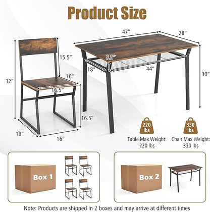 Giantex Dining Table Set for 4, 47”L x 28”W Rectangular Kitchen Table w/ 4 Trapezoid Chairs, Reinforced Metal Frame & Storage Rack, Industrial Space-Saving Dinette Set for Kitchen Dining Room (Brown)