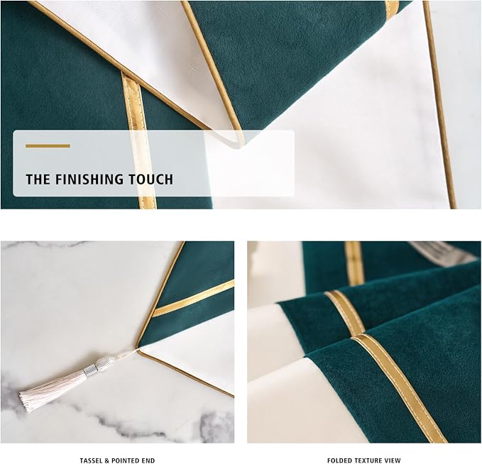 Avigers Table Runner 12 x 59 Inch, Emerald Green White, Tassels | Faux Silk - Image 4